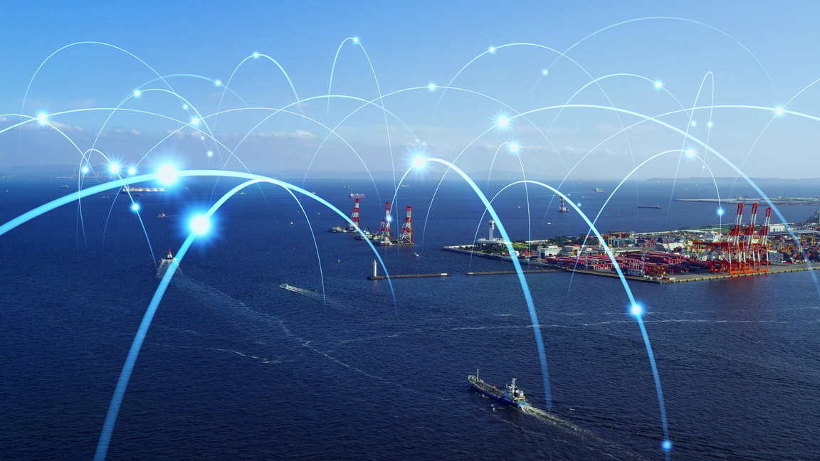 Ships and communication network concept. maritime traffic.